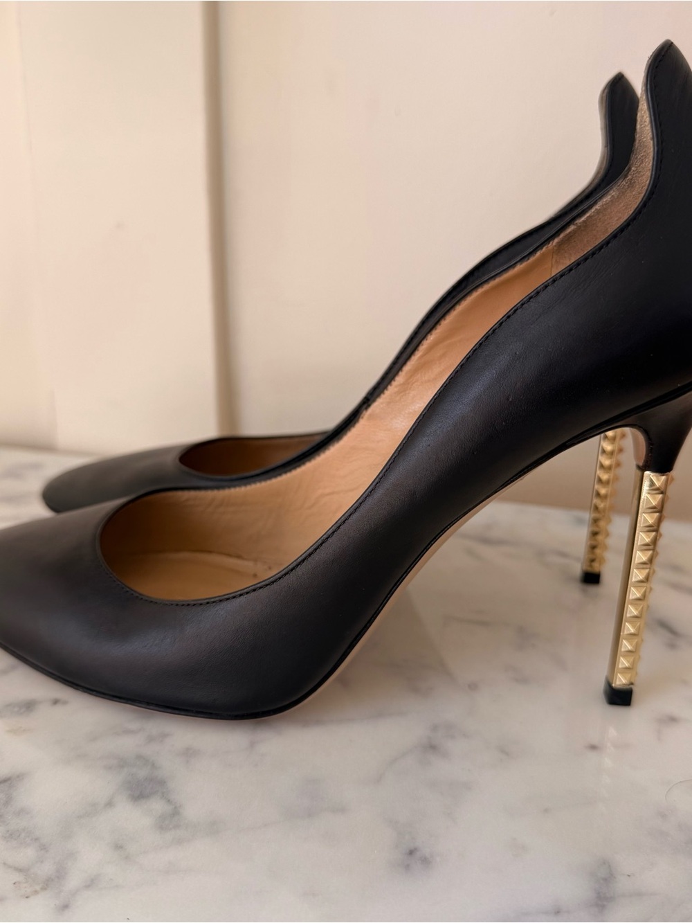 Valentino Black Leather Pointed Toe Pumps with Gold Studded Stiletto Heel